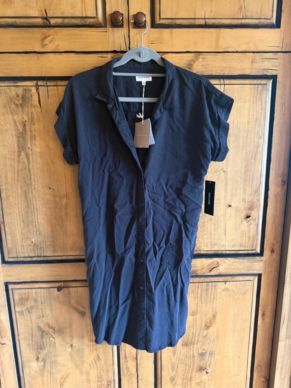 Button-Front Short Sleeve Shirt Dress in Black